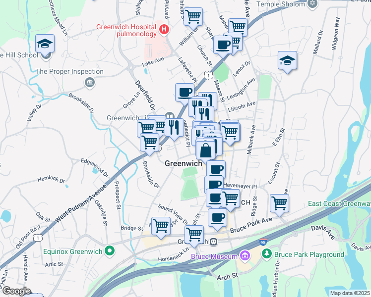 map of restaurants, bars, coffee shops, grocery stores, and more near in Greenwich