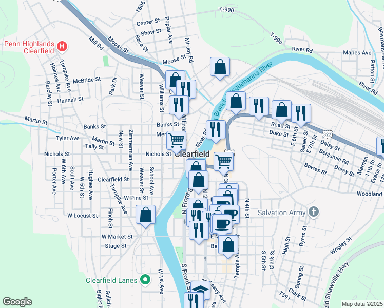 map of restaurants, bars, coffee shops, grocery stores, and more near in Clearfield