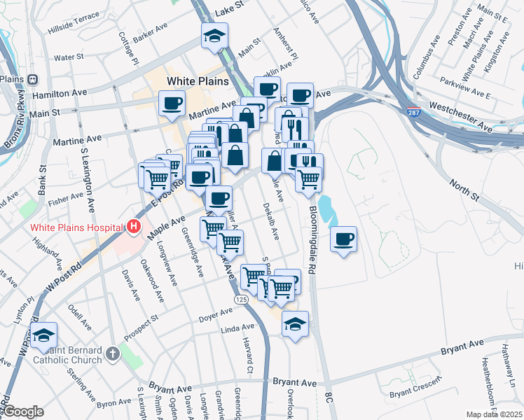 map of restaurants, bars, coffee shops, grocery stores, and more near 24 Carhart Avenue in White Plains