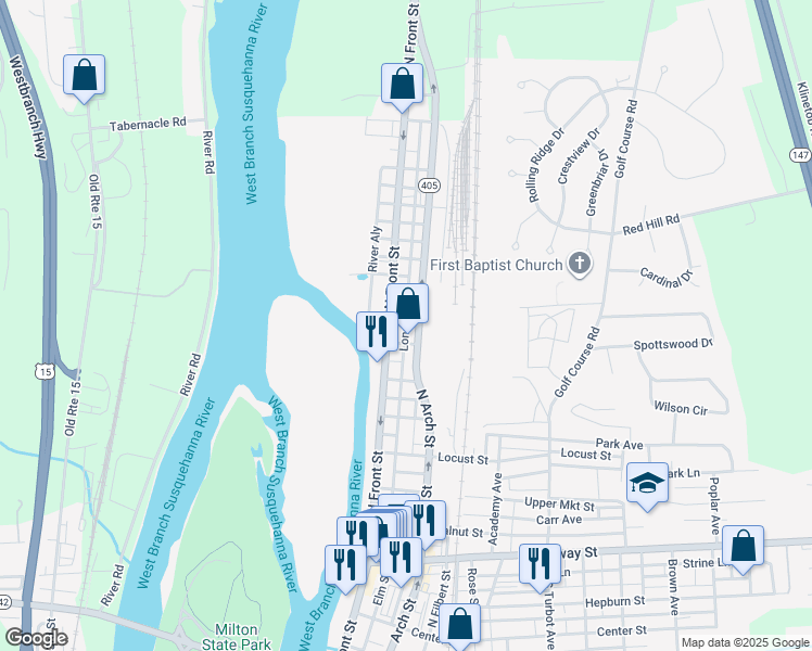map of restaurants, bars, coffee shops, grocery stores, and more near Long Alley in Milton