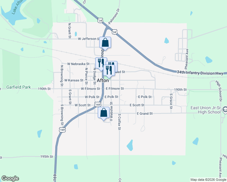 map of restaurants, bars, coffee shops, grocery stores, and more near 100-198 North Colfax Street in Afton