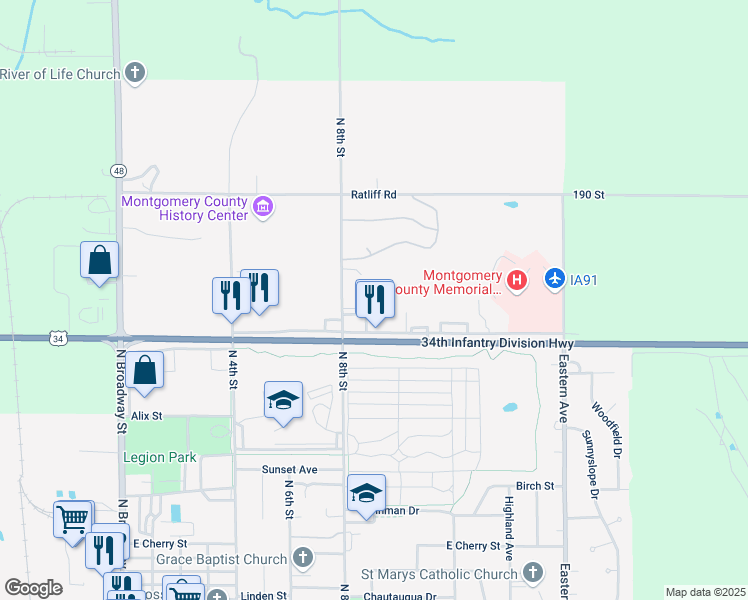 map of restaurants, bars, coffee shops, grocery stores, and more near 2300 North 8th Street in Red Oak
