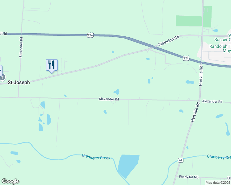 map of restaurants, bars, coffee shops, grocery stores, and more near 3079 Alexander Road in Atwater