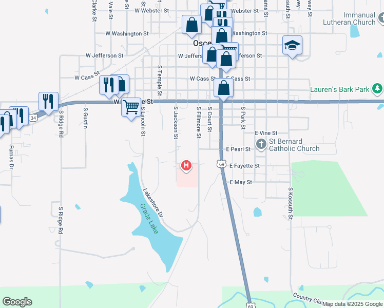 map of restaurants, bars, coffee shops, grocery stores, and more near 604 South Fillmore Street in Osceola