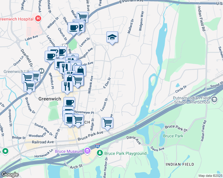 map of restaurants, bars, coffee shops, grocery stores, and more near 131 East Elm Street in Greenwich