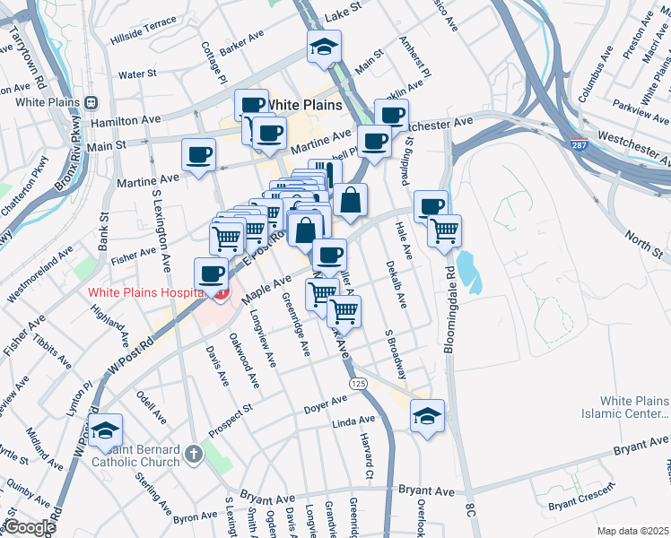 map of restaurants, bars, coffee shops, grocery stores, and more near 34 Maple Avenue in White Plains