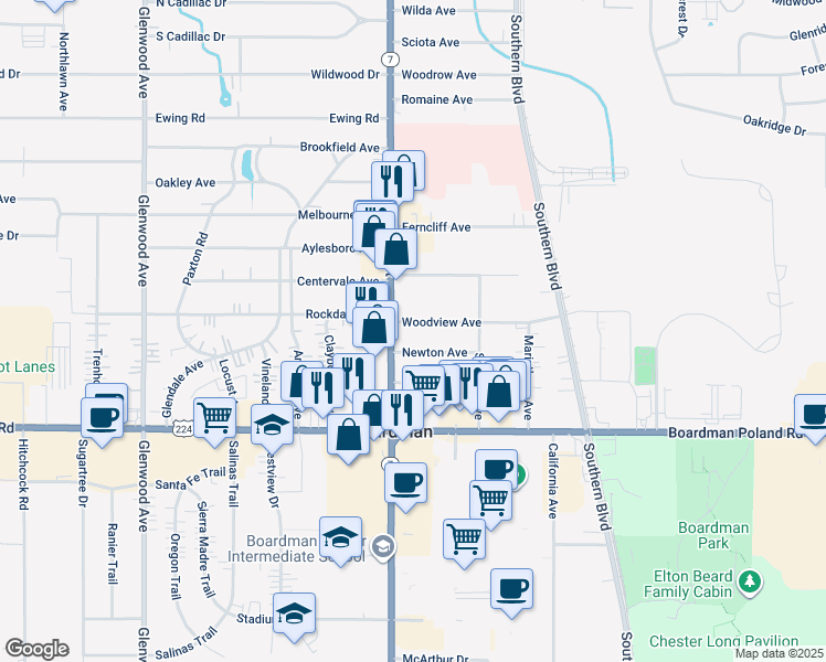 map of restaurants, bars, coffee shops, grocery stores, and more near 6989 Market Street in Boardman
