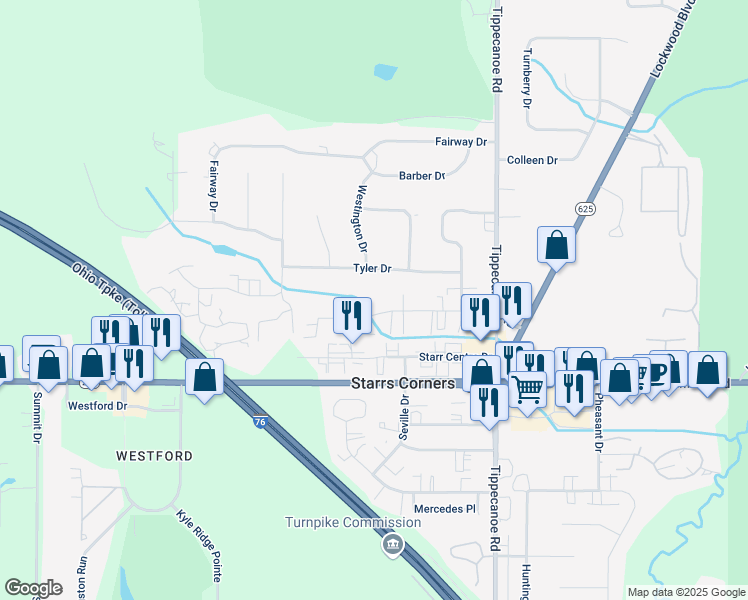 map of restaurants, bars, coffee shops, grocery stores, and more near 3769 Tyler Drive in Canfield