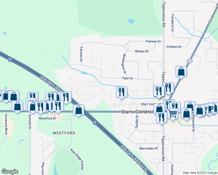 map of restaurants, bars, coffee shops, grocery stores, and more near 3955 Tyler Drive in Canfield