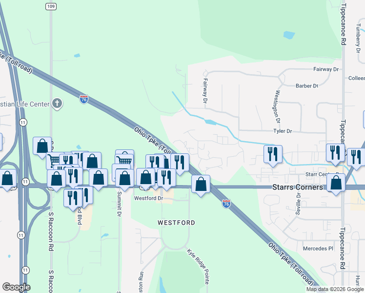 map of restaurants, bars, coffee shops, grocery stores, and more near 4042 Saint Andrews Court in Canfield