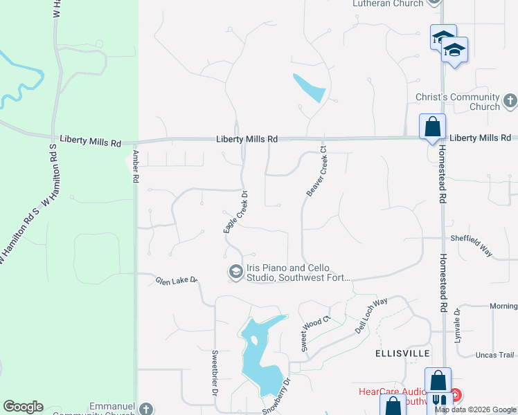 map of restaurants, bars, coffee shops, grocery stores, and more near 6007 Eagle Creek Drive in Fort Wayne