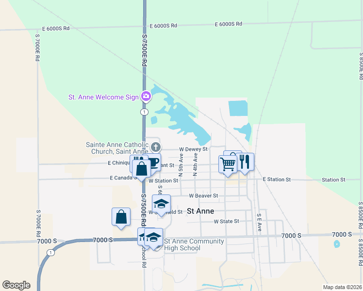 map of restaurants, bars, coffee shops, grocery stores, and more near 495 West Dewey Street in Saint Anne