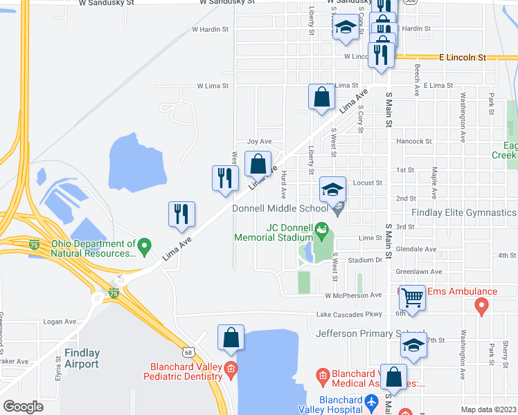 map of restaurants, bars, coffee shops, grocery stores, and more near 1127 Summit Street in Findlay