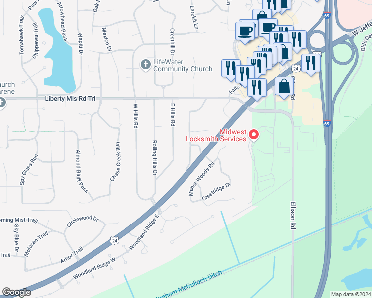 map of restaurants, bars, coffee shops, grocery stores, and more near 6114 Rosedale Drive in Fort Wayne