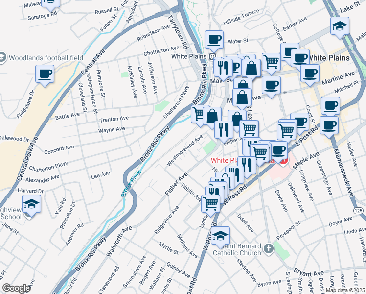 map of restaurants, bars, coffee shops, grocery stores, and more near 101 Westmoreland Avenue in White Plains