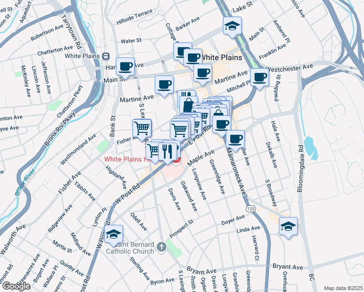 map of restaurants, bars, coffee shops, grocery stores, and more near 72 East Post Road in White Plains
