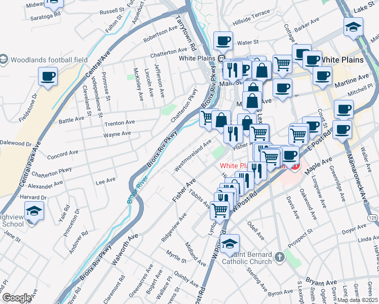 map of restaurants, bars, coffee shops, grocery stores, and more near 101 Westmoreland Avenue in White Plains
