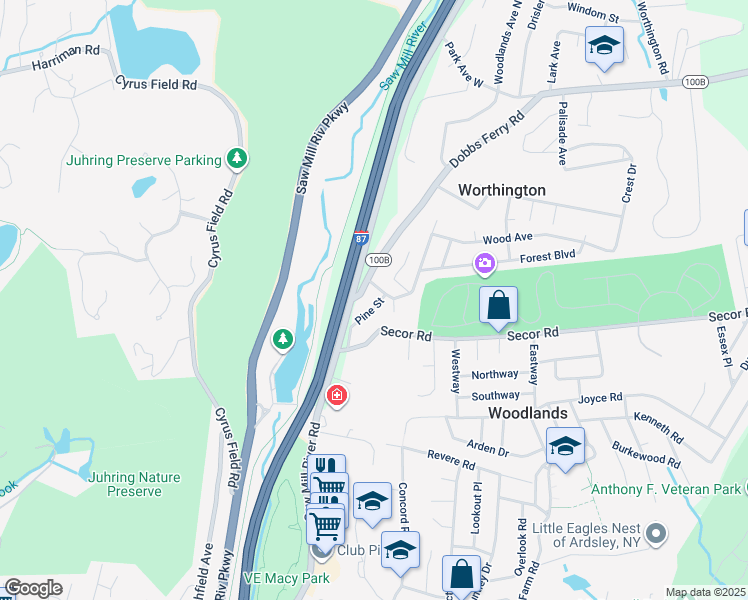 map of restaurants, bars, coffee shops, grocery stores, and more near 1 Grove Lane in Ardsley