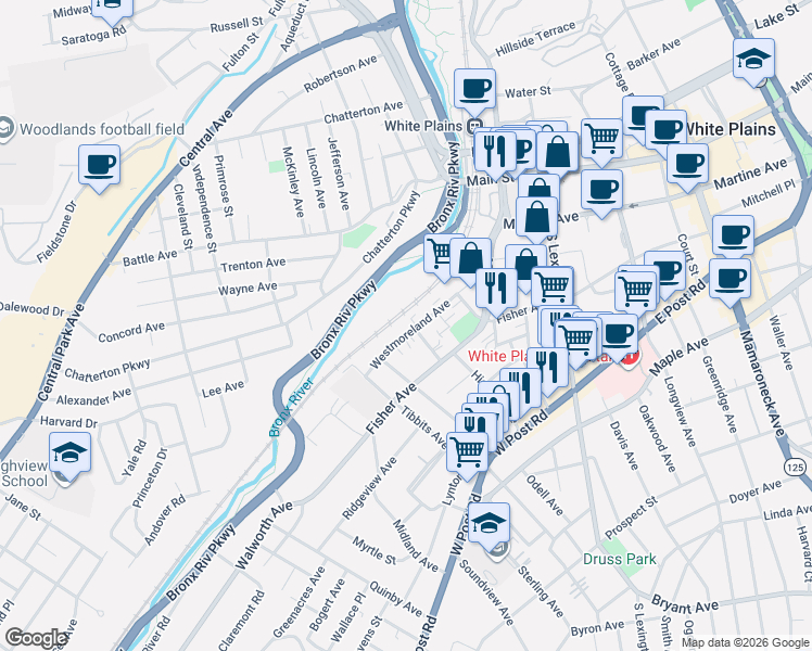 map of restaurants, bars, coffee shops, grocery stores, and more near 121 Westmoreland Avenue in White Plains