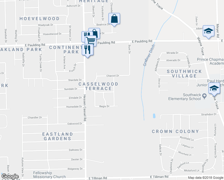map of restaurants, bars, coffee shops, grocery stores, and more near 3433 Casselwood Drive in Fort Wayne
