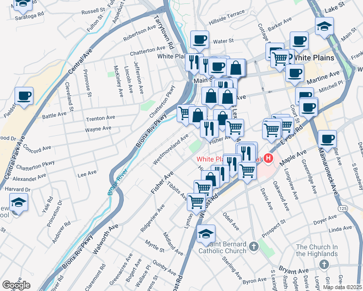 map of restaurants, bars, coffee shops, grocery stores, and more near 52-76 Westmoreland Ave in White Plains