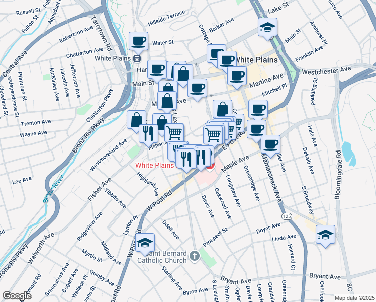 map of restaurants, bars, coffee shops, grocery stores, and more near 301 Quarropas Street in White Plains