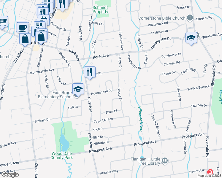 map of restaurants, bars, coffee shops, grocery stores, and more near 235 Homestead Place in Park Ridge