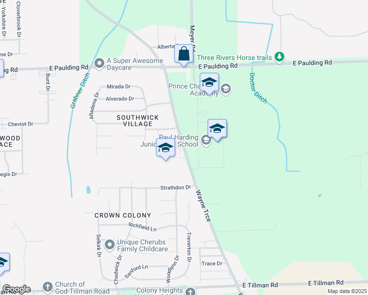 map of restaurants, bars, coffee shops, grocery stores, and more near 6501 Wayne Trace in Fort Wayne
