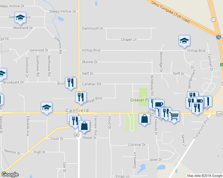 map of restaurants, bars, coffee shops, grocery stores, and more near 190 Village Boulevard in Canfield