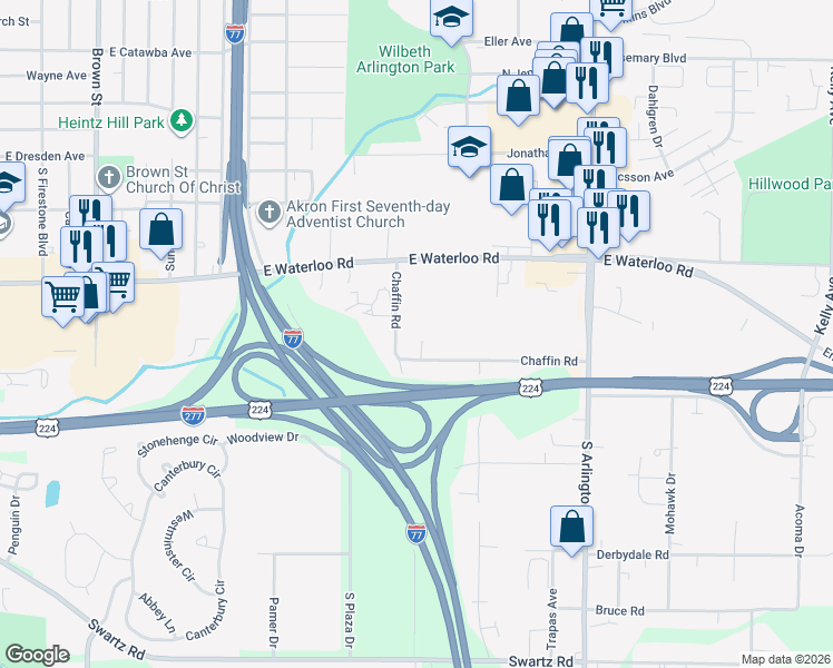 map of restaurants, bars, coffee shops, grocery stores, and more near 1617 Chaffin Road in Akron