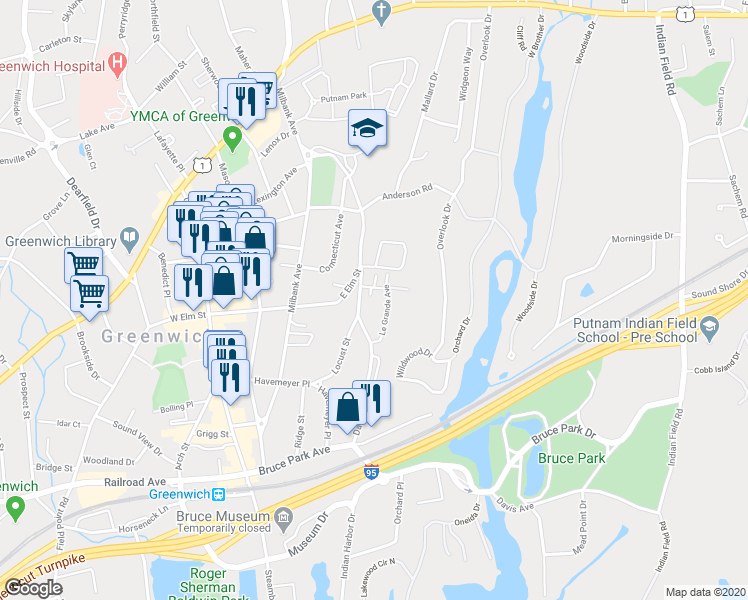 map of restaurants, bars, coffee shops, grocery stores, and more near 65 Le Grande Avenue in Greenwich