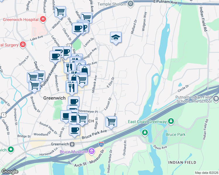 map of restaurants, bars, coffee shops, grocery stores, and more near 131 East Elm Street in Greenwich