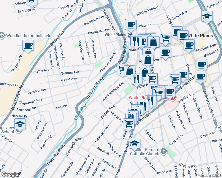 map of restaurants, bars, coffee shops, grocery stores, and more near 101 Westmoreland Avenue in White Plains
