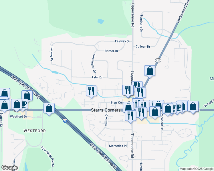 map of restaurants, bars, coffee shops, grocery stores, and more near 3695 Tyler Drive in Canfield