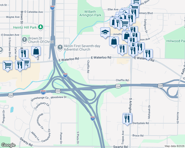 map of restaurants, bars, coffee shops, grocery stores, and more near 1617 Chaffin Road in Akron