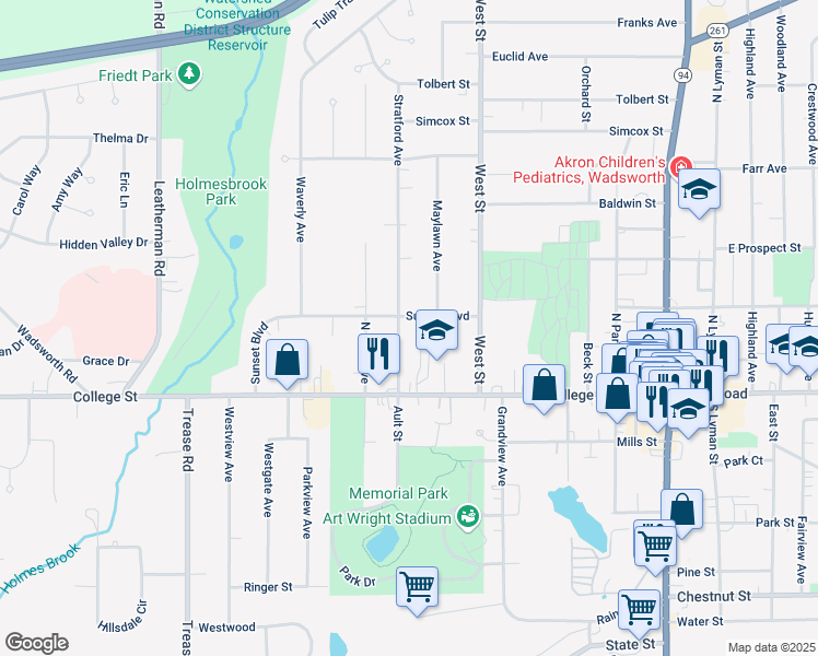 map of restaurants, bars, coffee shops, grocery stores, and more near 356 Sunset Boulevard in Wadsworth