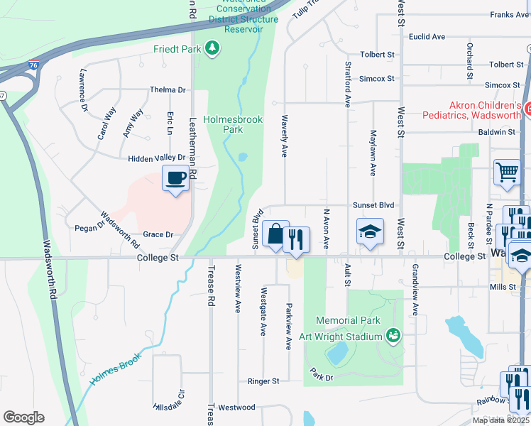 map of restaurants, bars, coffee shops, grocery stores, and more near 534 Sunset Boulevard in Wadsworth