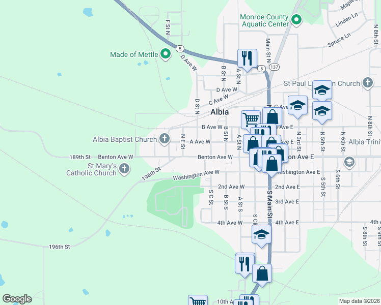 map of restaurants, bars, coffee shops, grocery stores, and more near 422 A Avenue West in Albia