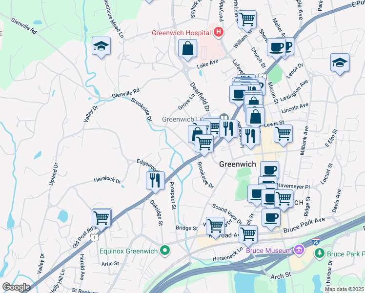 map of restaurants, bars, coffee shops, grocery stores, and more near 82 Brookside Drive in Greenwich