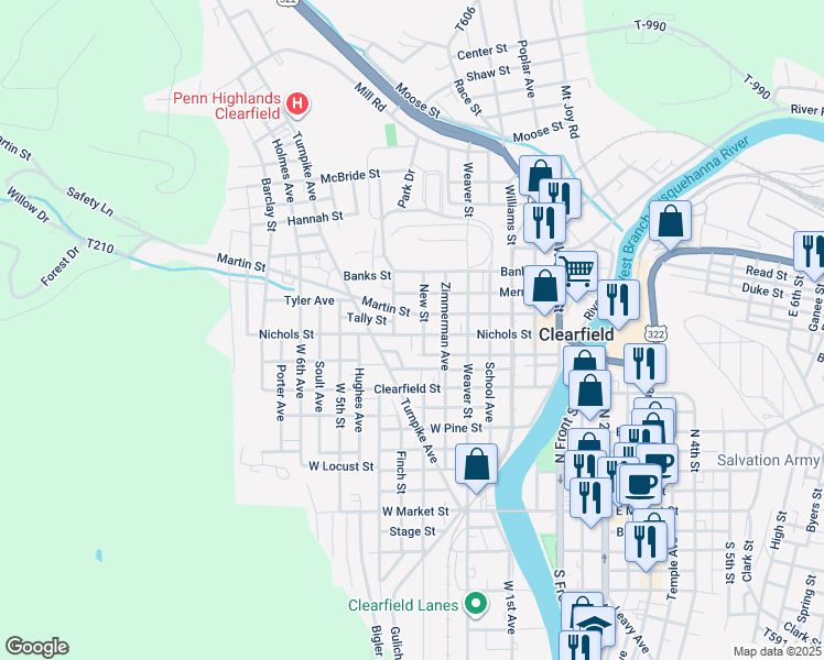 map of restaurants, bars, coffee shops, grocery stores, and more near 409 Nichols Street in Clearfield