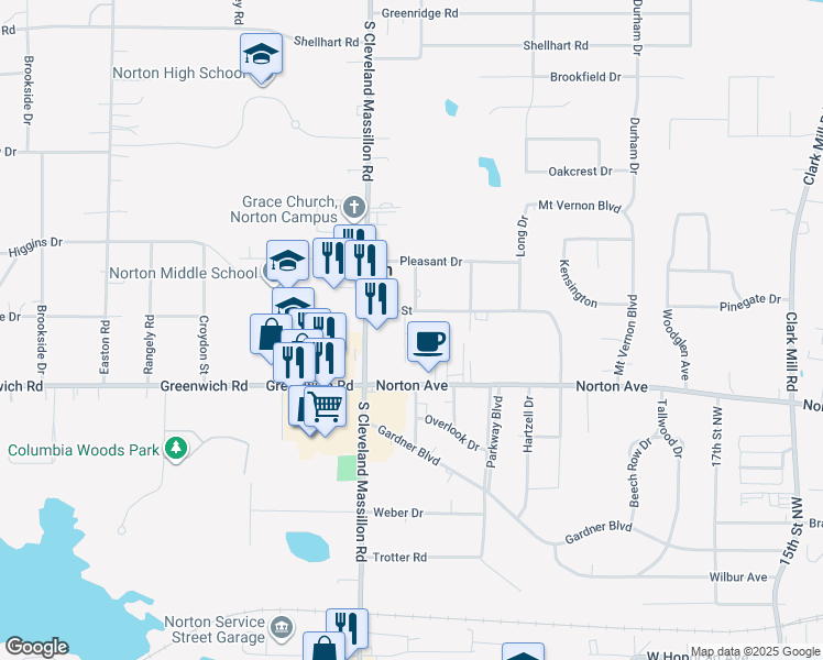 map of restaurants, bars, coffee shops, grocery stores, and more near in Norton