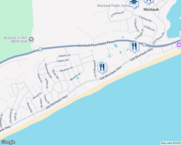 map of restaurants, bars, coffee shops, grocery stores, and more near 11 Washington Drive in Montauk