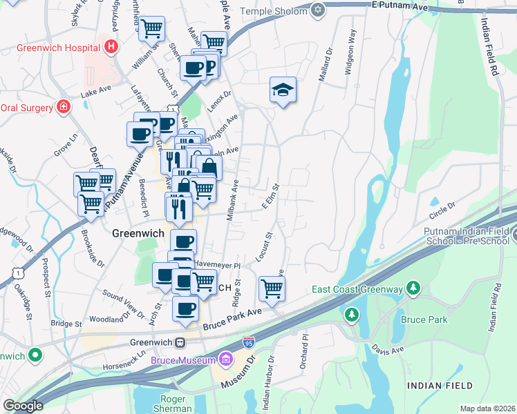 map of restaurants, bars, coffee shops, grocery stores, and more near 103 East Elm Street in Greenwich
