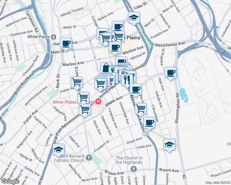 map of restaurants, bars, coffee shops, grocery stores, and more near 8 Chester Avenue in White Plains