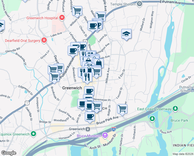 map of restaurants, bars, coffee shops, grocery stores, and more near 130 Mason Street in Greenwich