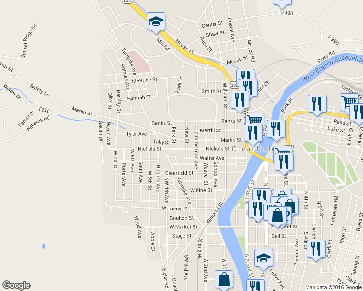map of restaurants, bars, coffee shops, grocery stores, and more near 409 Nichols Street in Clearfield