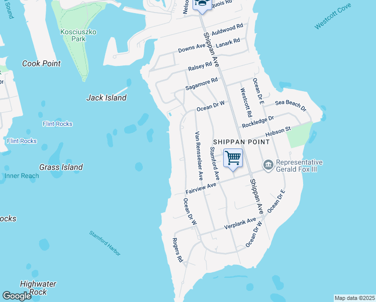 map of restaurants, bars, coffee shops, grocery stores, and more near 148 Ocean Drive West in Stamford