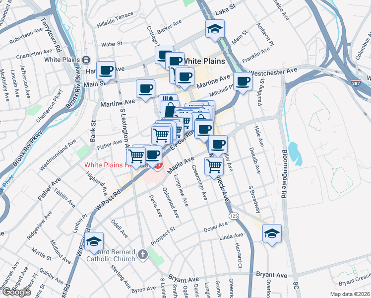 map of restaurants, bars, coffee shops, grocery stores, and more near 105 East Post Road in White Plains