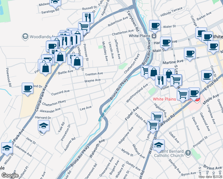 map of restaurants, bars, coffee shops, grocery stores, and more near 11-13 Concord Avenue in White Plains