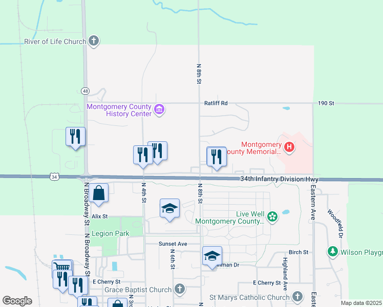 map of restaurants, bars, coffee shops, grocery stores, and more near 2483-2585 North 8th Street in Red Oak